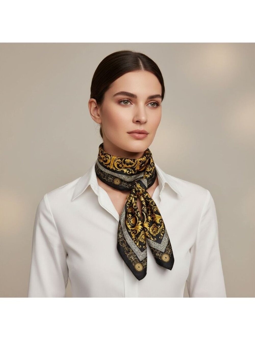 Luxury Gold Baroque Satin Square Scarf for Women – Black & Gold Ornate Chain - Picture 4 of 7